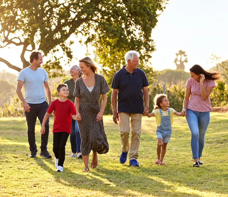 Mehrere Generationen einer Familie gehen gemeinsam über eine Wiese.